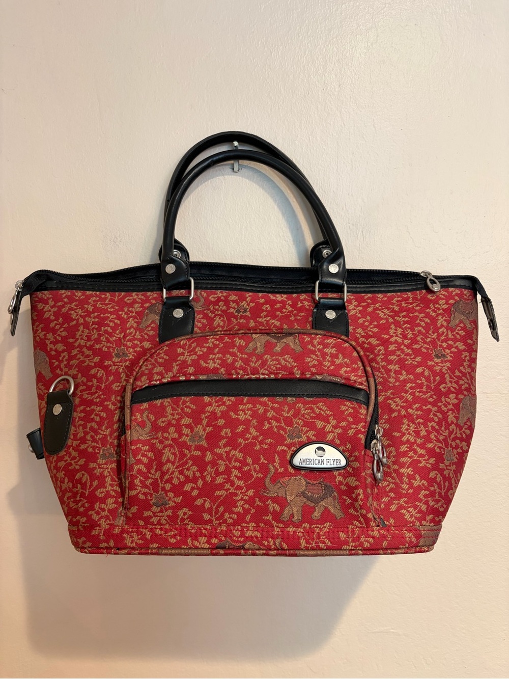 American Flyer Elephant and Deep Red Traveling Tote, Multiple Pockets and Strap